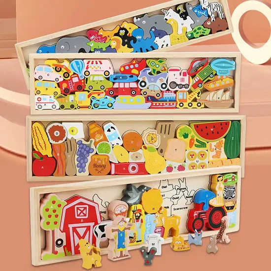Children′s Traffic Food Farm Animal 3D Puzzle Board Early Education Hand Eye Coordination Set Wooden Jigsaw Puzzle Toy 