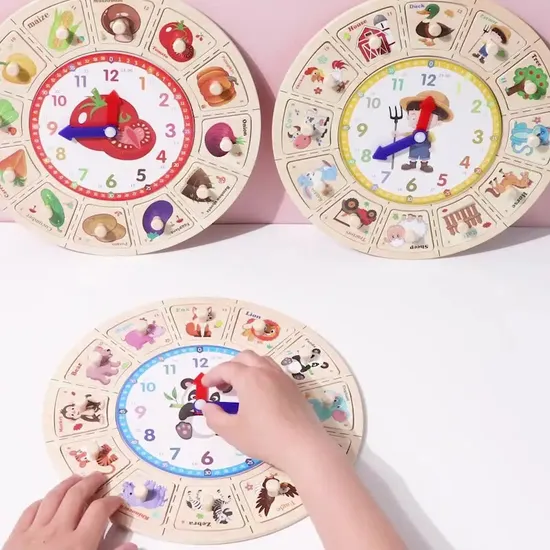 Wooden Cartoon Clock Toy Hand Grab Board Multi