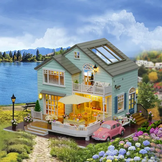 Latest Popular Wooden DIY Dollhouse Miniature with Furniture LED Light 